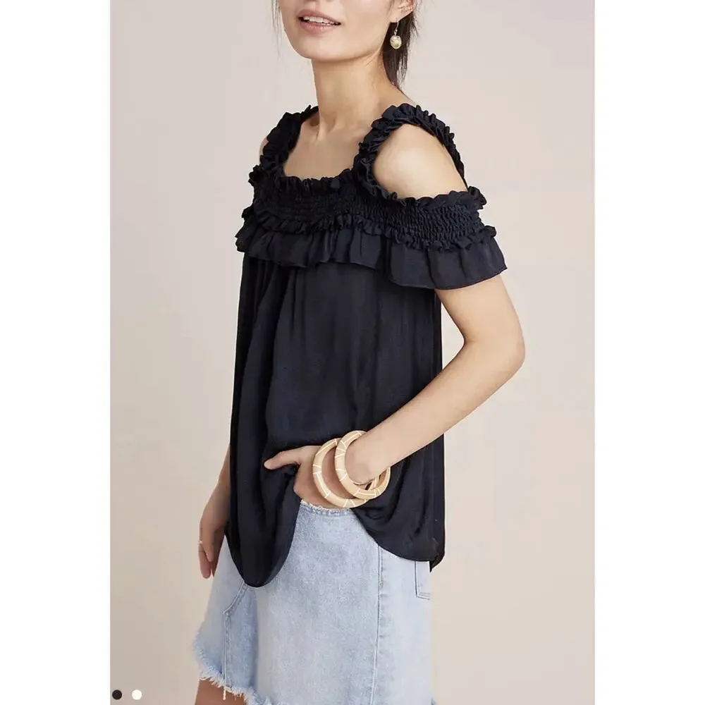 Anthropologie Finn Smocked Stretch Cold Shoulder Ruffle Tank Top Black Medium